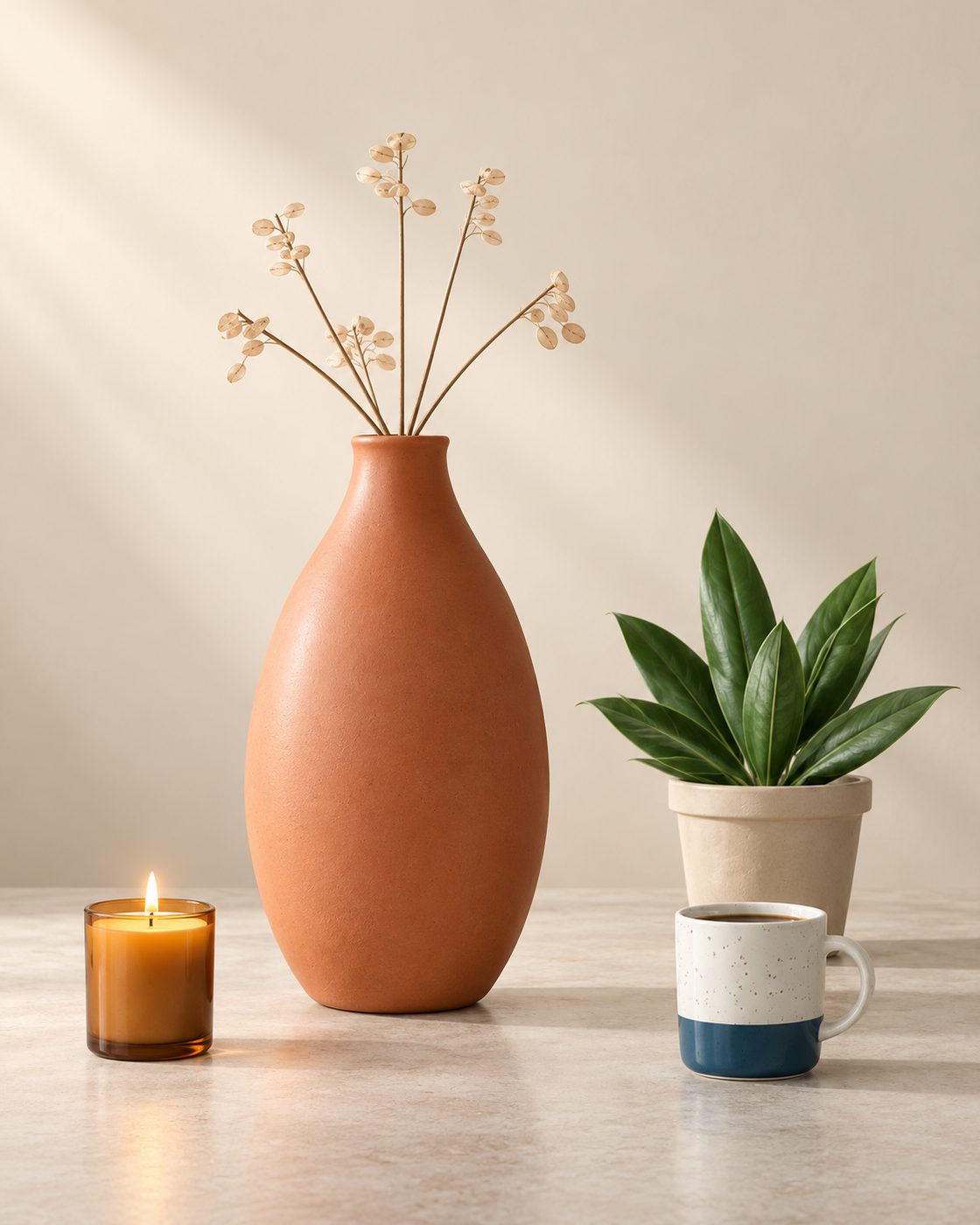 Ceramic vase and linen on a sunlit table